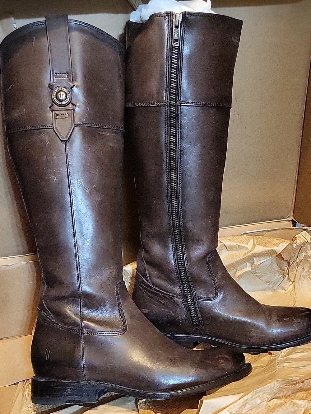 Frye Tall Riding Boots in Dark Brown Leather
